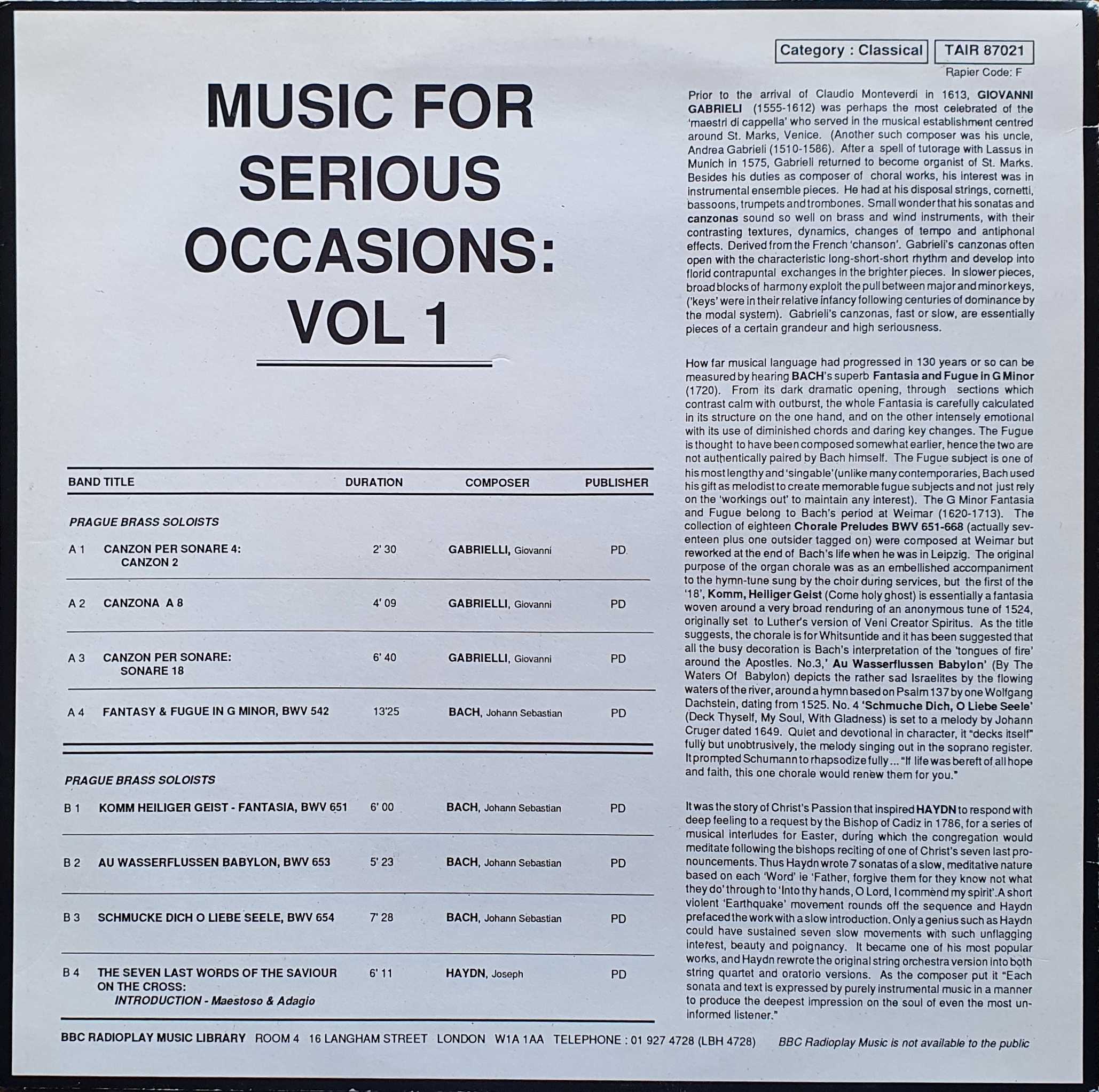 Picture of TAIR 87021 Music for serious occasions 1 by artist Prague Brass soloists from the BBC records and Tapes library